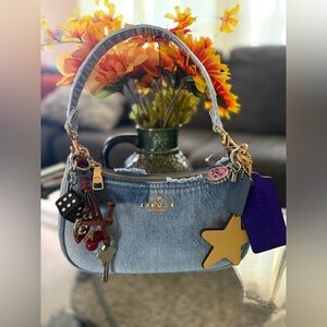 Coach Light Blue Denim Shoulder Bag with Gold Hardware and Purple Tag